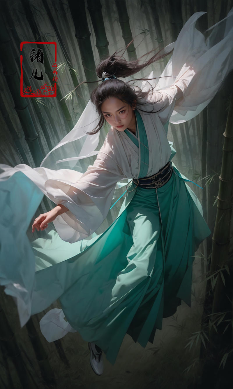 606247209521969130-828034185-To shoot from above.  ，art by Zao Wou-ki，extreme close - up, focus on face, A woman in cyan Hanfu, wearing a white transparent v.jpg